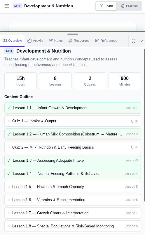Module detail page showing lesson list with progress tracking