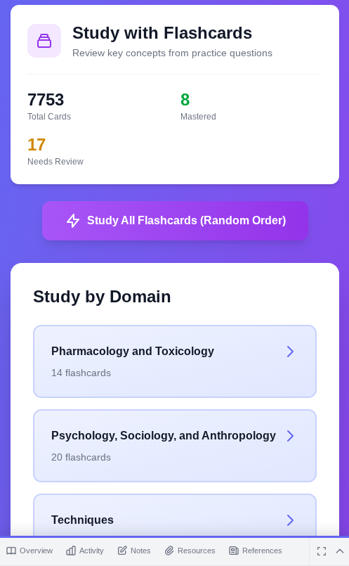 Spaced repetition flashcards organized by domain
